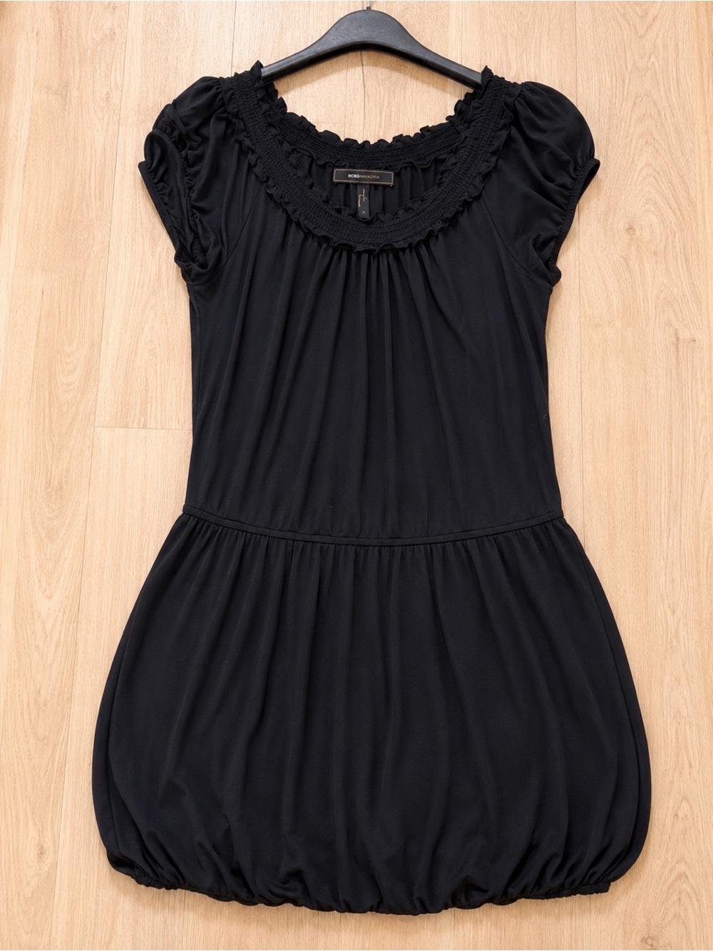BCBGMaxAzria Black Short Sleeve Ruffle Neck Mini Dress